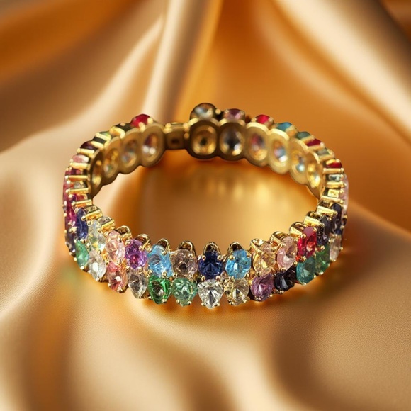 B015  Luxury Multi-Colored Crystal Eternity bracelet  Gold Tone  Rainbow sparkle - Picture 1 of 1